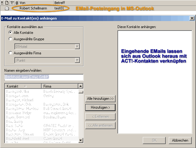 Screen Outlook E-Mail an Act! Kontakt anhängen