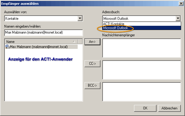 Screen Act! DB als Adressbuch in Outlook 1